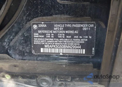 2011 BMW 328I xDrive из США, поврежденный, VIN WBAPK5G50BNN29944